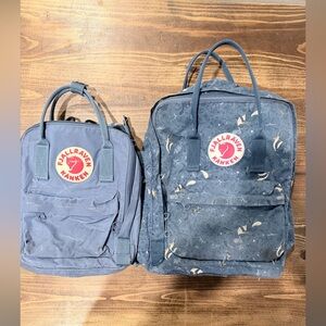 Two Fjallraven Kånken Dark Blue and Patterned Backpacks